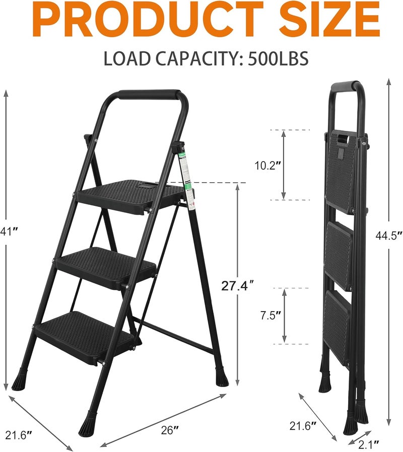 Arbusb 3 Step Ladder, Portable Steel Folding Stool with Wide Anti-Slip Pedal, 500lbs Sturdy Steel Ladder, Black - Image 4